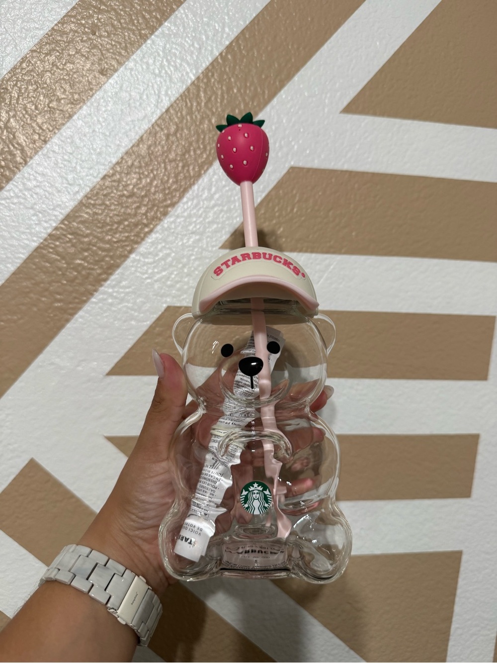 Starbucks Clear Bear Sipper with Pink Cap and Strawberry Straw Topper